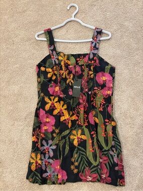 mixed Floral Black Mini Dress with Pink & Yellow Botanicals
